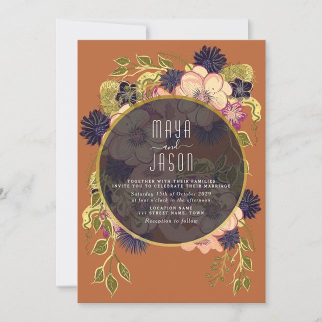 Convite de Casamento Boho Azul Marinho e Terracota (Frente)