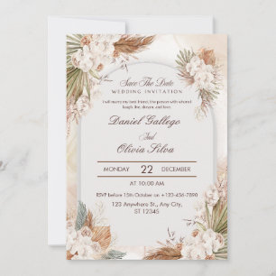Convite de Casamento Boho Bege Floral Creme Tudo-e