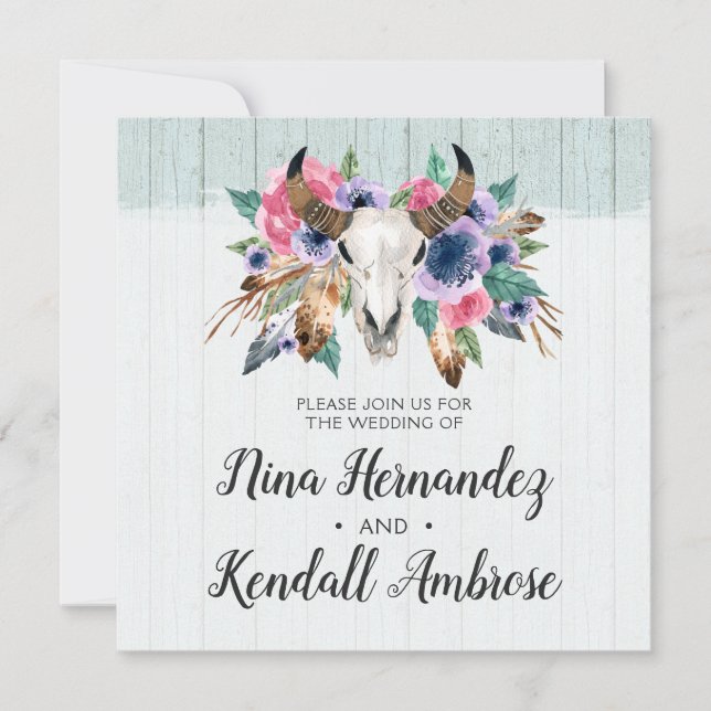 Convite de Casamento Boho Caveira de Vaca Floral R (Frente)