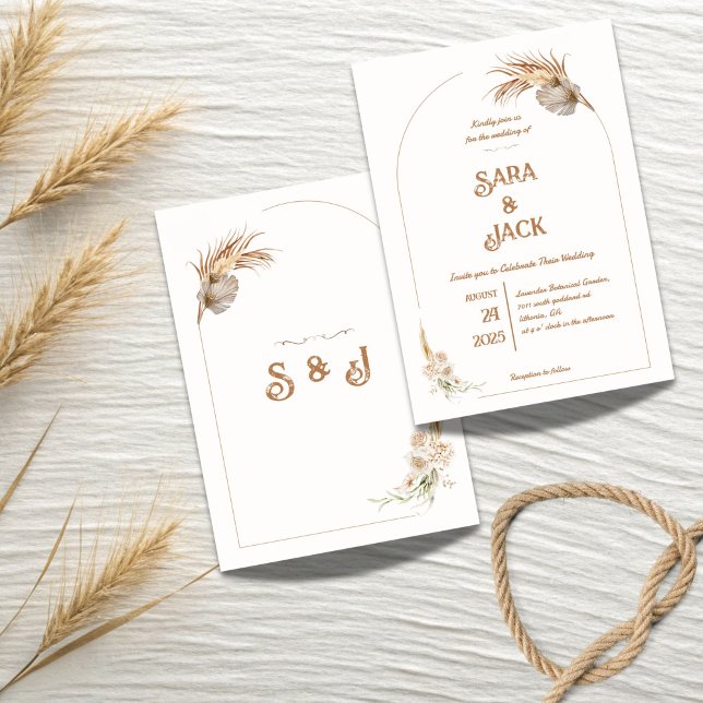 Convite de Casamento Boho Chic com Grama Pampas (Criador carregado)