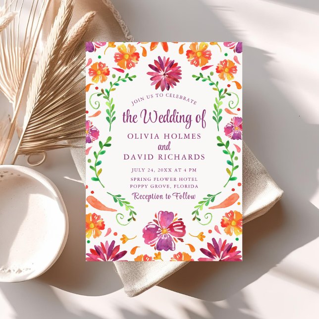 Convite de Casamento Boho Colorido Fiesta Floral M (Boho Colorful Mexican Floral Fiesta Wedding Invite on a neutral boho wedding table.)