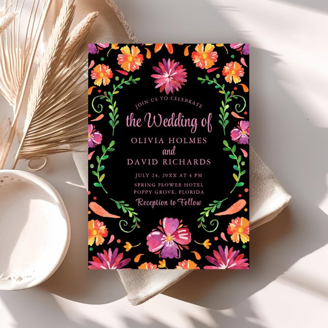 Convite de Casamento Boho Colorido Fiesta Floral M (Boho Colorful Mexican Floral Fiesta Wedding Invite on a neutral boho wedding table.)