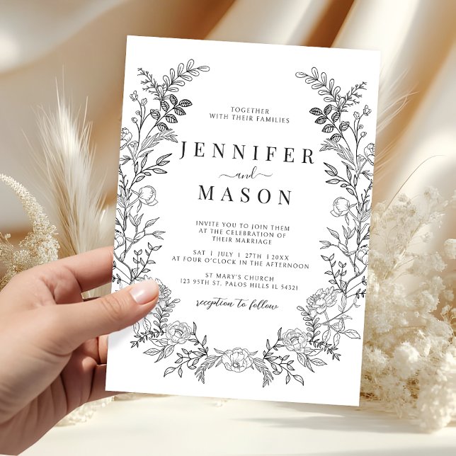 Convite de casamento boho com coroa floral em pret (Criador carregado)