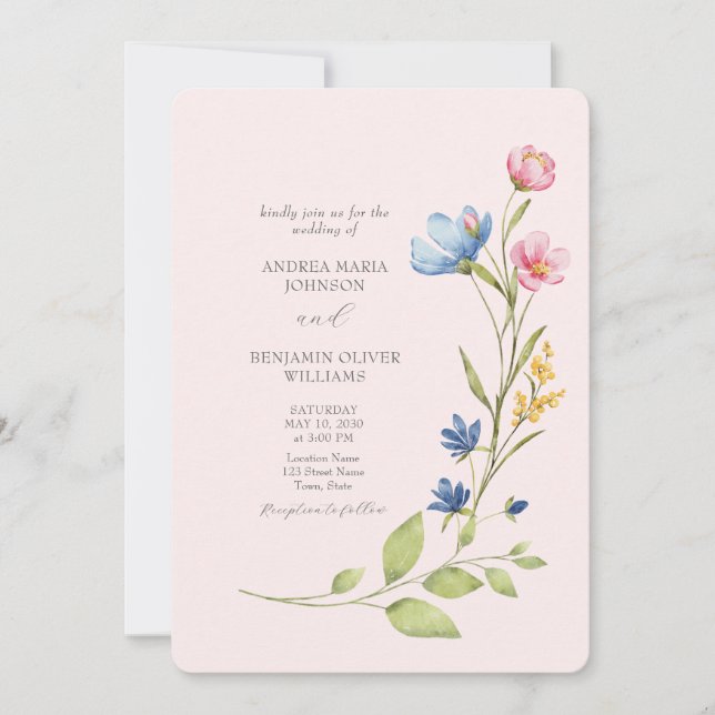Convite de Casamento Boho com Flores Silvestres e  (Frente)