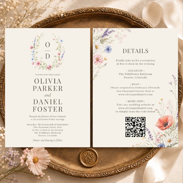 Convite de Casamento Boho com Monograma de Flor Si (Criador carregado)