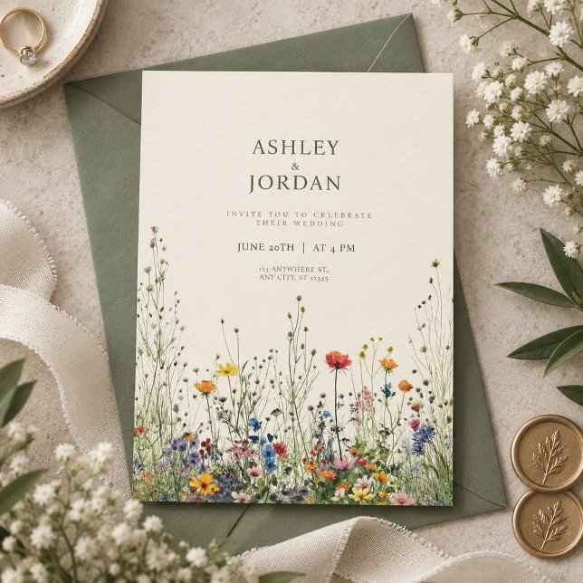 Convite de Casamento Boho Cream Wildflower (Criador carregado)