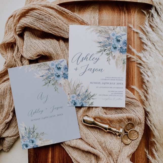 Convite de Casamento Boho Dusty Blue Pampas (Boho Dusty Blue Pampas Wedding Invitation Card)