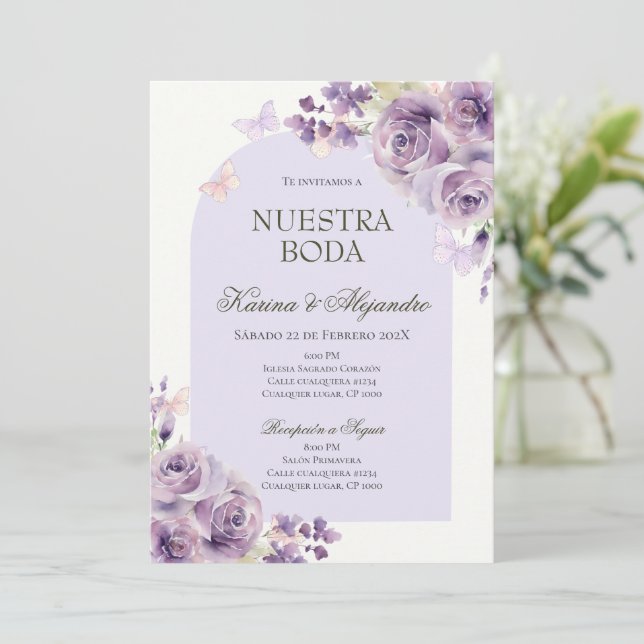 Convite de Casamento Boho Elegante Floral Roxo Emp (Em pé/Frente)