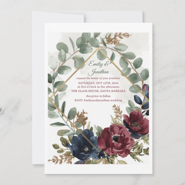 Convite de Casamento Boho Eucalipto e Flores Verme (Frente)