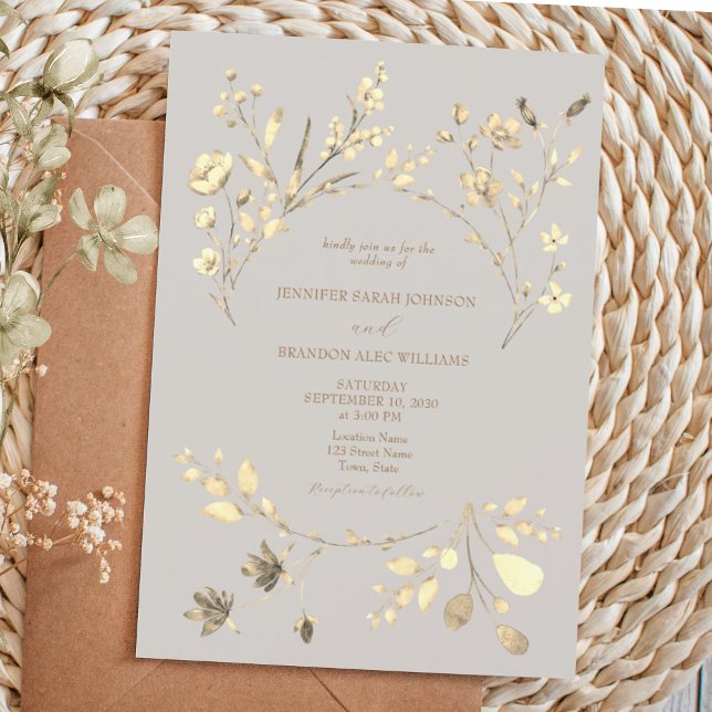Convite de Casamento Boho Fall Gold Wildflower (Criador carregado)