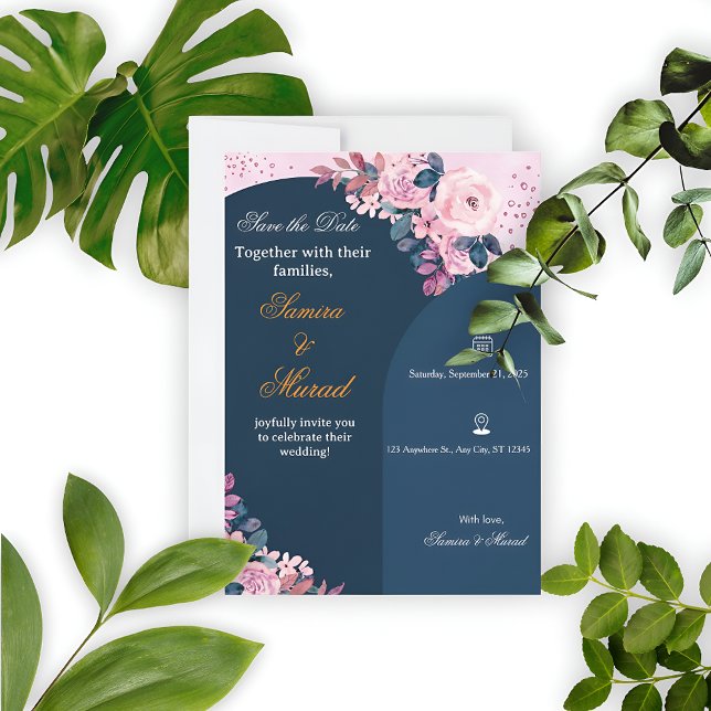Convite de Casamento Boho Floral Azul Elegante (Criador carregado)
