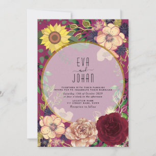 Convite de Casamento Boho Floral Burgundy Rosa