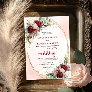 Convite de Casamento Boho Floral Dourado Borgonha