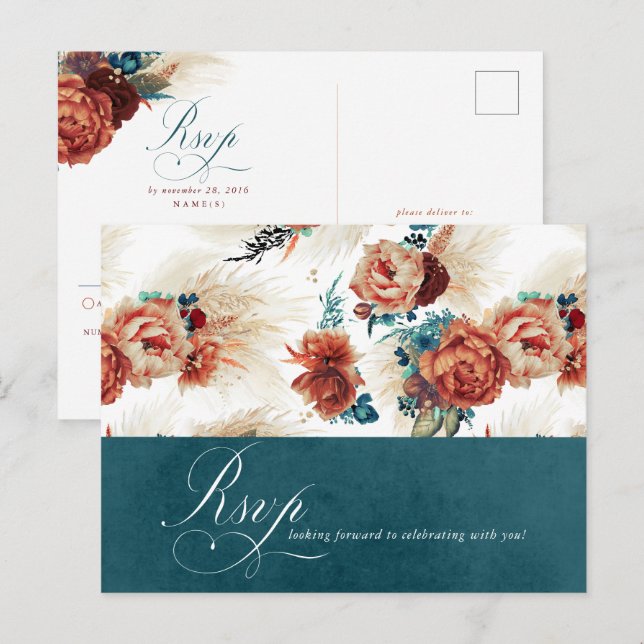 Convite de Casamento Boho Floral em Terracota Azul (Frente/Verso)