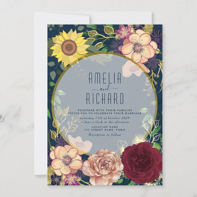 Convite de Casamento Boho Floral Rosa e Azul Marin (Frente)