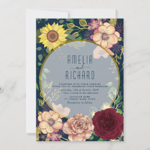 Convite de Casamento Boho Floral Rosa e Azul Marin