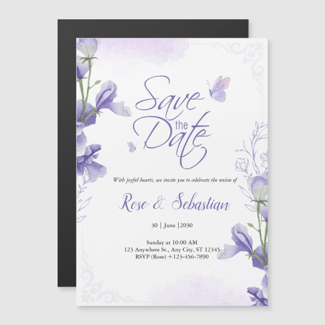 Convite de Casamento Boho Floral & Roxo (Frente/Verso)