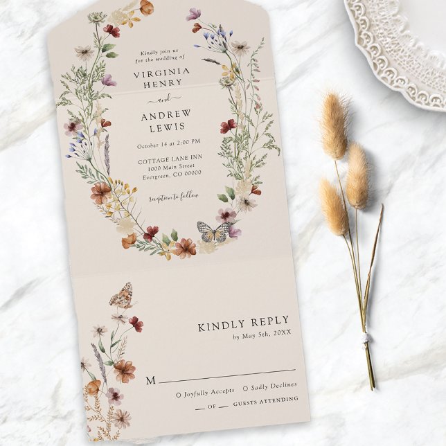 Convite de Casamento Boho Floral Tudo em Um (Boho Floral All in One Wedding Invite
)