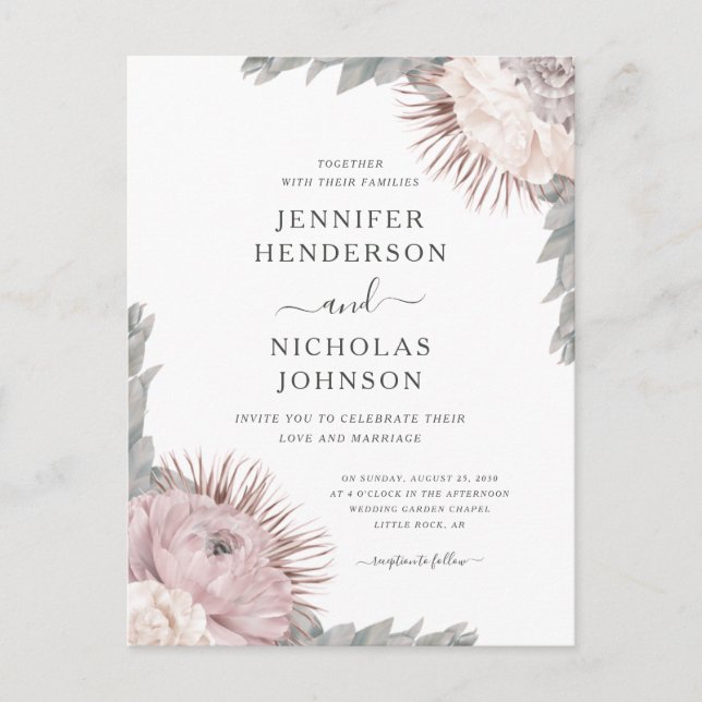 Convite de Casamento Boho Flores Secas Rosa Empoei (Frente)