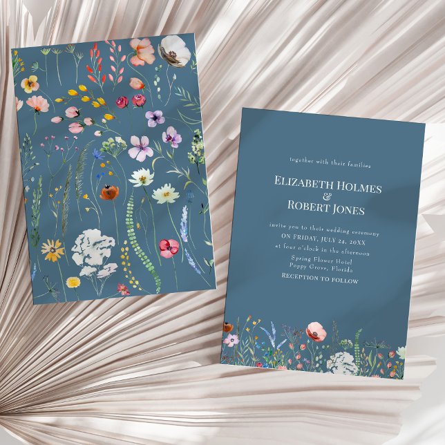 Convite de Casamento Boho Flores Silvestres Azul S (Soft Blue Boho Wildflowers Wedding Invite on a sunny neutral dry palm leaf.)