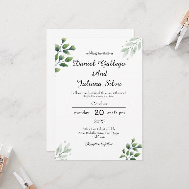 Convite de Casamento Boho Greenery (Frente/Verso In Situ)