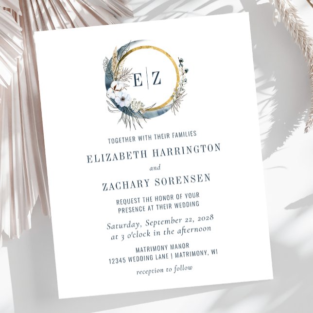 Convite de Casamento Boho Mês Azul Monograma Orçam (Criador carregado)