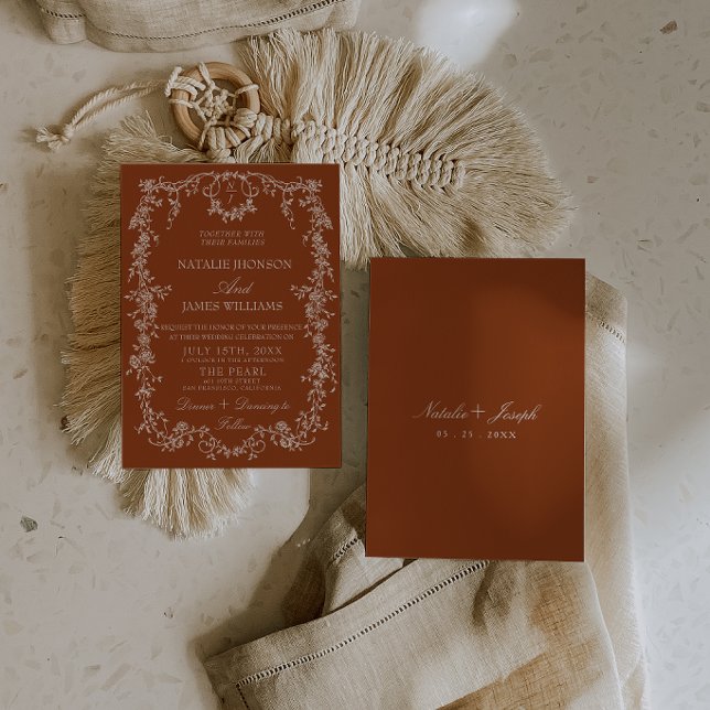 Convite de Casamento Boho Monograma Laranja Queima (Criador carregado)