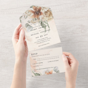 convite de casamento Boho Pampas Grass 3in1 e RSVP