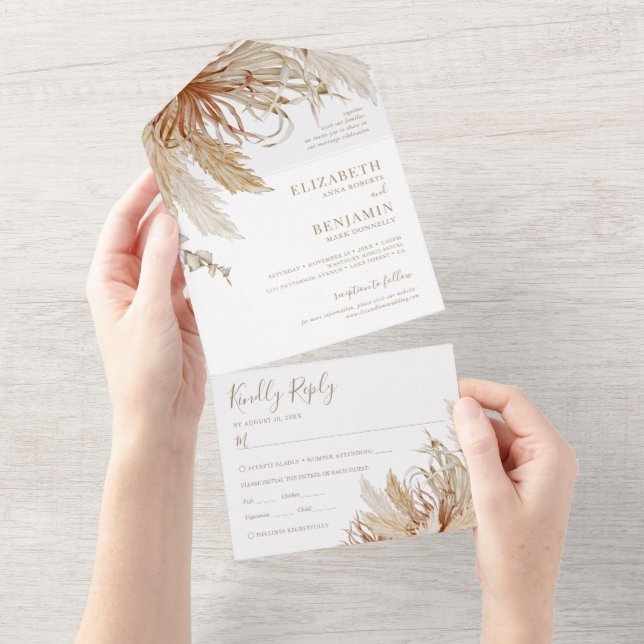 Convite de Casamento Boho Pampas Grass Tudo em Um (Tearaway)