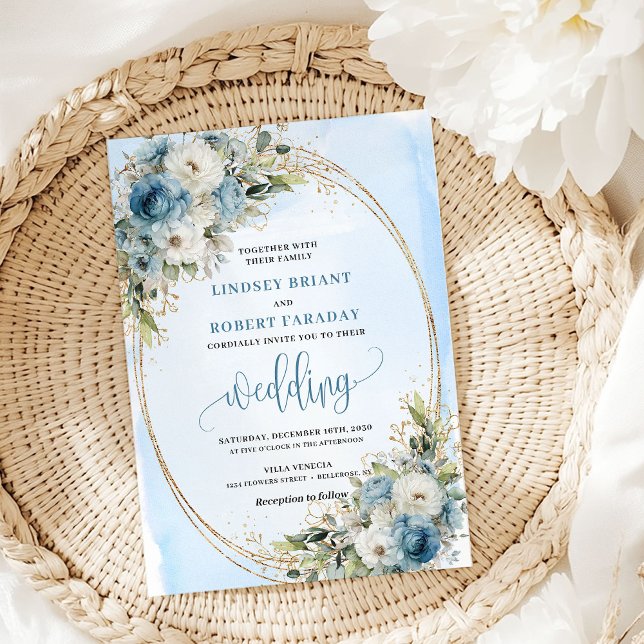 Convite de casamento Boho Pastel Azul Floral Glitt (Boho Pastel Blue Floral Glitter wedding invite

)