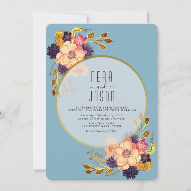 Convite de Casamento Boho Peach Blue Floral Dourad (Frente)