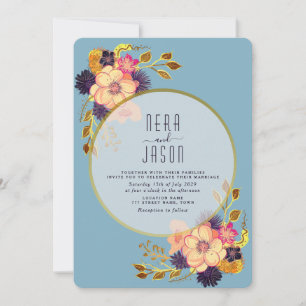 Convite de Casamento Boho Peach Blue Floral Dourad