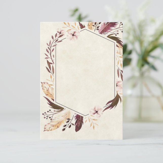 Convite de casamento Boho penas orçamento em branc (Em pé/Frente)