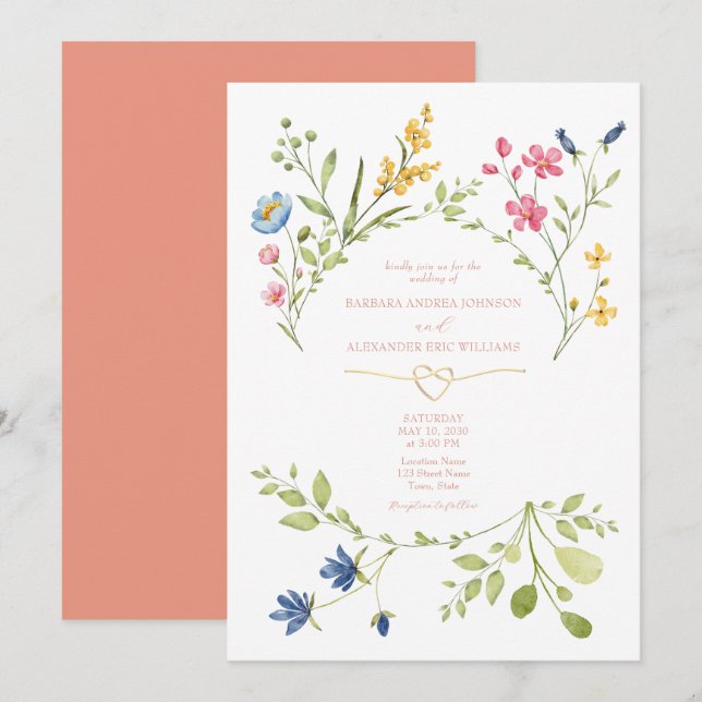 Convite de Casamento Boho Pêssego com Flores Silve (Frente/Verso)