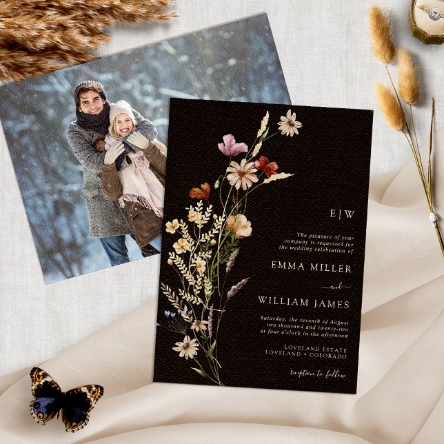 Convite de Casamento Boho Preto com Foto (Photo Black Boho Watercolor Wildflower Wedding Invitation by Painted Paperie
)