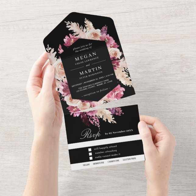 Convite de Casamento Boho Preto e Rosa Todos em Um (Tearaway)