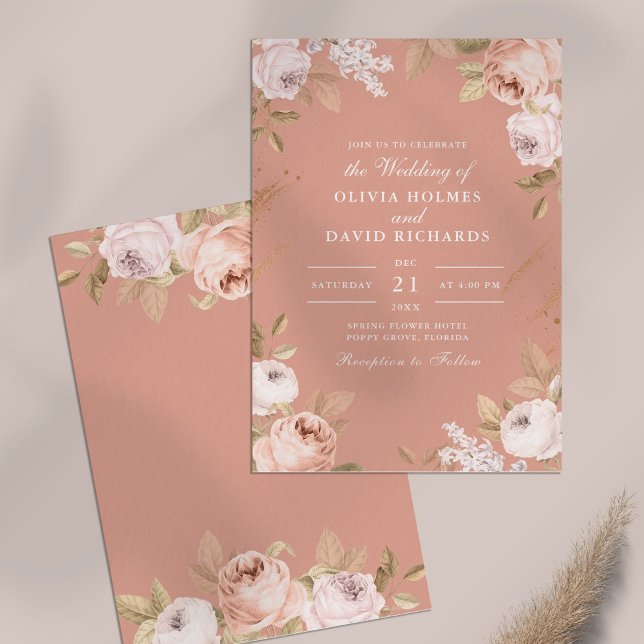 Convite de Casamento Boho Rosa Peônias (Boho Pink Peonies Wedding Invitation on a table)