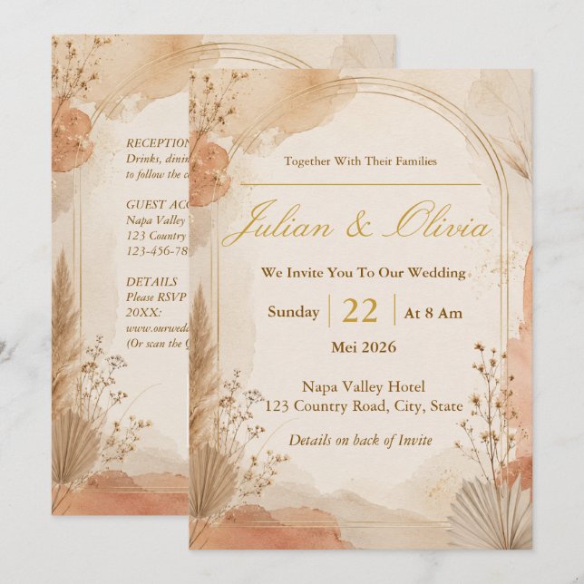 Convite de Casamento Boho Terracota e Arco Dourado (Frente/Verso)