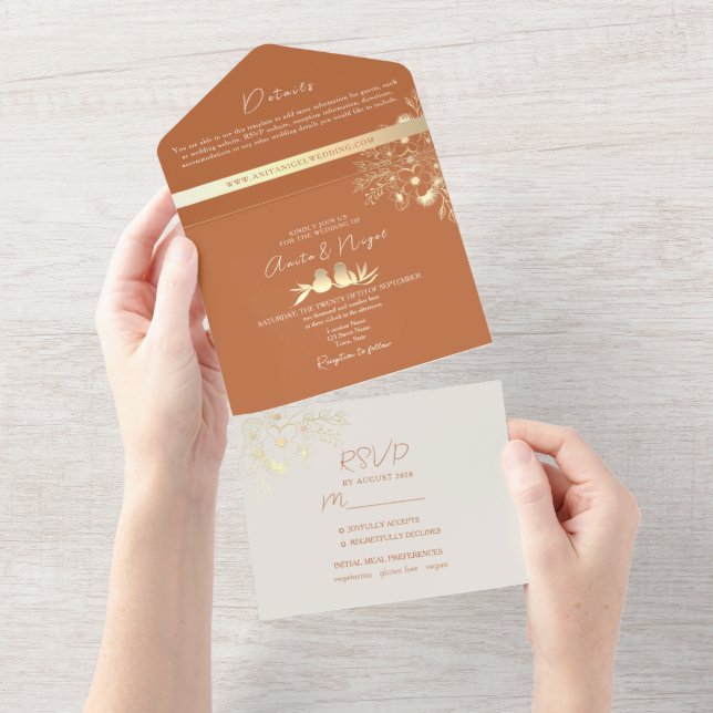 Convite de Casamento Boho Terracota Tudo em Um (Tearaway)