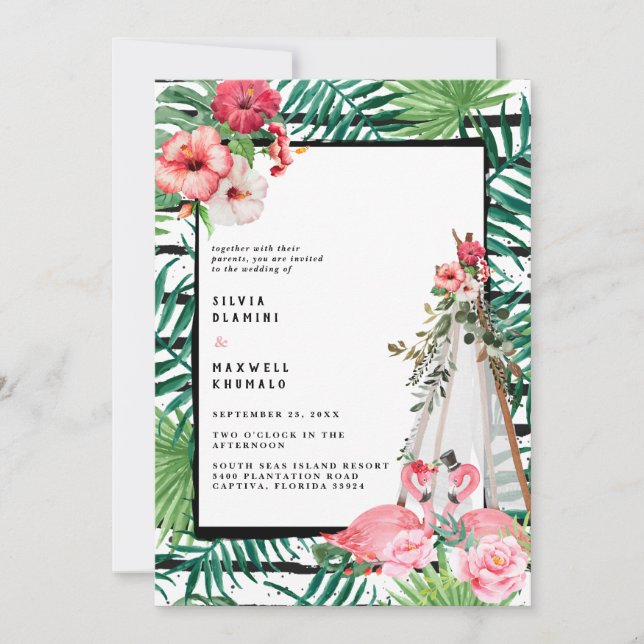 Convite de Casamento Boho Tropical Flamingo (Frente)