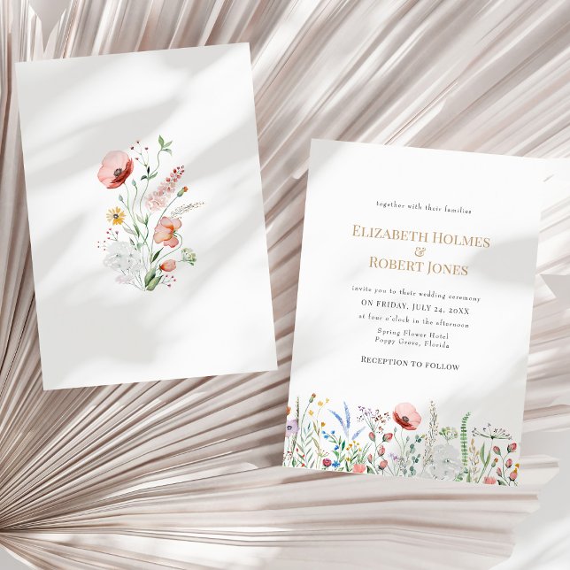 Convite de Casamento Bold Wildflower Meadow (Boho Watercolor Wildflower Wedding Invitation on a sunny neutral dry palm leaf.)
