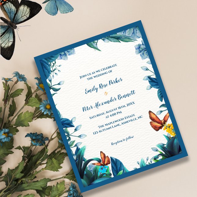 Convite de Casamento Borboleta Botânica Azul (Blue Botanical Butterfly Wedding Invitation)