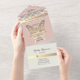Convite de Casamento Borboleta Dourado Rosa Blush