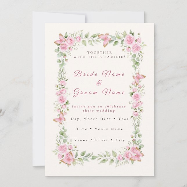 Convite de Casamento Borboleta Rosa Boho - Aquarel (Frente)