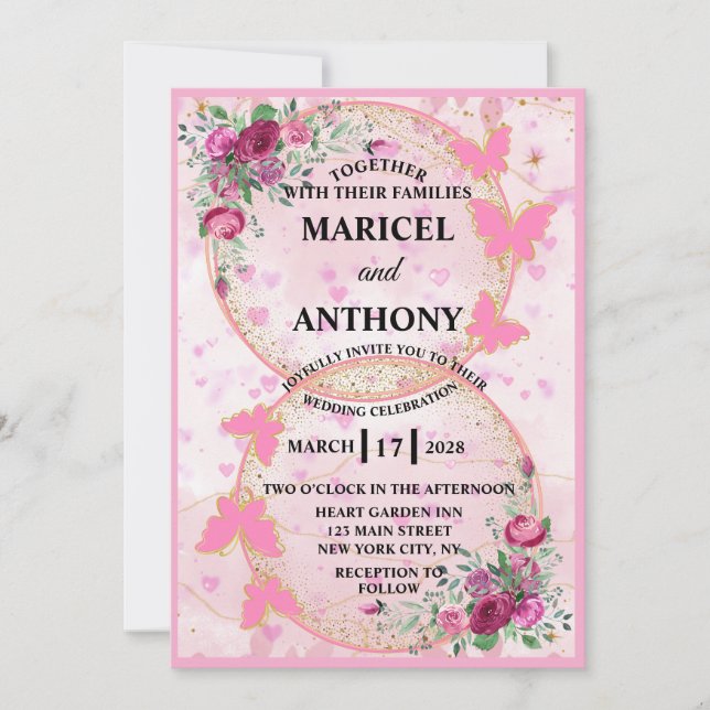 Convite de Casamento Borboletas Rosa (Frente)