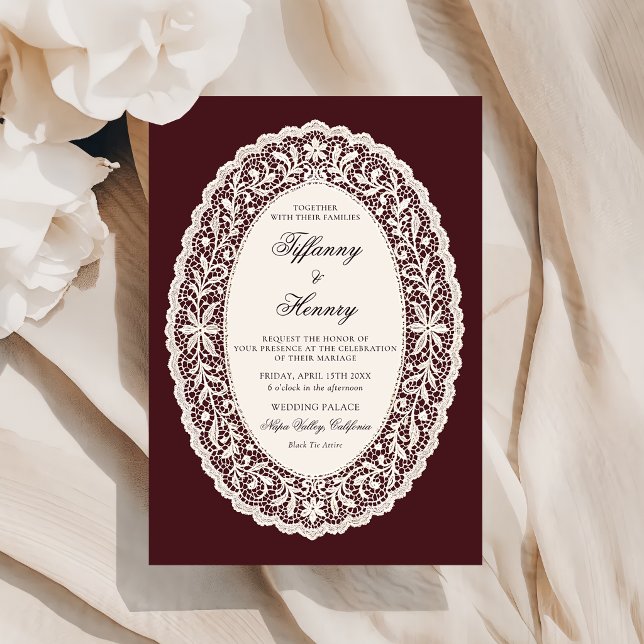 Convite de Casamento Borgonha com Renda Vintage (Criador carregado)