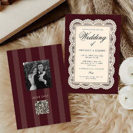 Convite de Casamento Borgonha com Renda Vintage