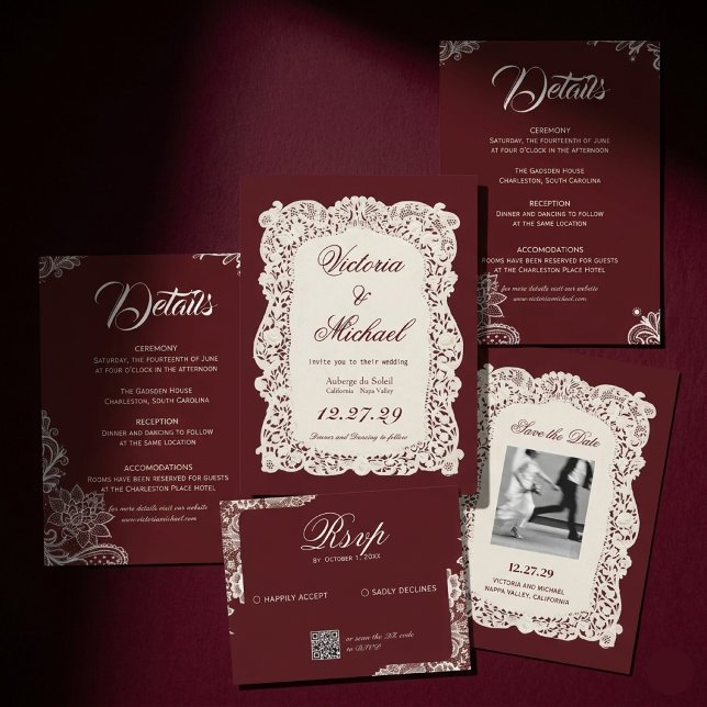Convite de Casamento Borgonha em Papel Lace Marfim (Criador carregado)