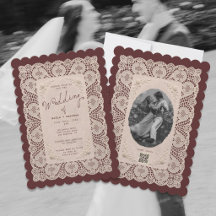 Convite de Casamento Borgonha em Renda Vintage