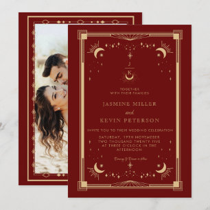 Convite de Casamento Borgonha Estrela Lua Mística